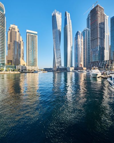 Dubai marina daytime skyline in United Arab Emirates